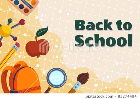 Colorful back to school background template with different studying supplies - bag, yellow pencil with pink eraser, apple molecule, paint brush magnifier. Vector illustration design with copy space. Colorful back to school background template with different studying supplies - bag, yellow pencil with pink eraser, apple molecule, paint brush magnifier. Vector illustration design with copy space. 93274494