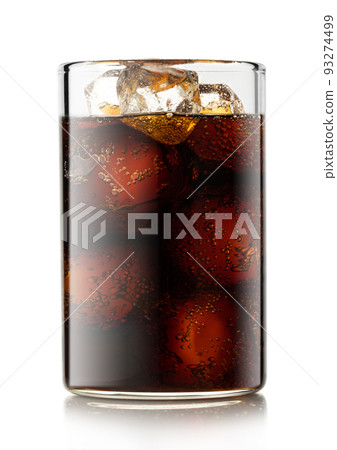 Cola soda drink with ice cubes and bubbles on white. 93274499