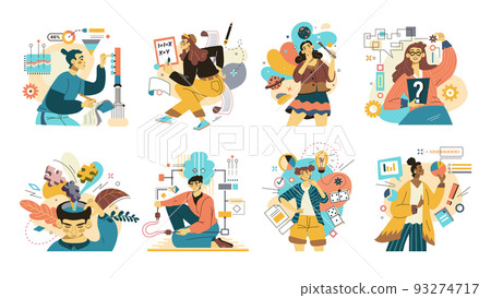 Personality hobby. Talent and mindset types. MBTI characters. Male artist. Intelligence creative guy. Logic man. Science and creativity. Artistic woman. Mental structures set. Vector flat illustration Personality hobby. Talent and mindset types. MBTI characters. Male artist. Intelligence creative guy. Logic man. Science and creativity. Artistic woman. Mental structures set. Vector flat illustration 93274717