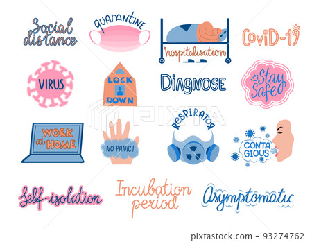 Covid stickers. Social safe hand lettering. Corona lockdown at home. Healthy mask. Wash and care. Coronavirus pandemic. Phrases design. Disease quarantine. Illness treatment. Vector concept icons set 93274762