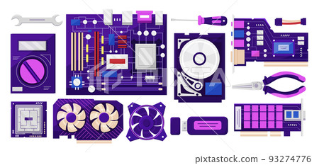 PC parts. Computer drive repair. Fix hard ram. Hardware bg. Flat lay sata card. Workshop service. Processor or motherboard top view. Technician work tool. Laptop component. Vector isolated collection 93274776
