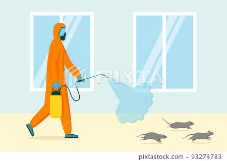 Pest home control. Rodents extermination. People in uniform spray chemical pesticide against rats. Professional mouse poison sanitization by smoke. Deratization service. Vector cartoon illustration 93274783