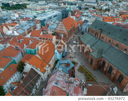 Establishing aerial Bird eye view shot of Riga, Riga skyline, Latvia. 93276972