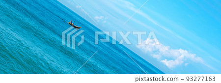 Atmosphere panorama. Clear sky calm sea horizon line cloud. Concept lifestyle move flow up down progress regress, choice direction development life boat. Straight lines diagonal, blue turquoise white Atmosphere panorama. Clear sky calm sea horizon line cloud. Concept lifestyle move flow up down progress regress, choice direction development life boat. Straight lines diagonal, blue turquoise white 93277163