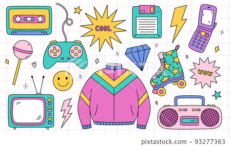 Bright doodle set of items from the nineties Bright doodle set of items from the nineties 93277363