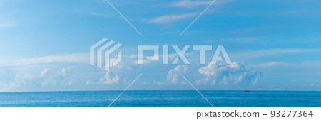 BANNER, LONG FORMAT, crop it. Atmosphere panorama white cloud clear blue sky horizon line calm empty sea. Concept paradise life. Design relax wallpaper background. More tone format collection in stock 93277364