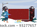 Winter weather. A young woman walks a dog. A walk on the street 93277657