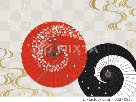 Red and black Japanese umbrella and gold wave and cherry blossom petals Japanese pattern 93278553