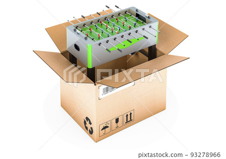 Table football inside cardboard box, delivery concept. 3D rendering 93278966