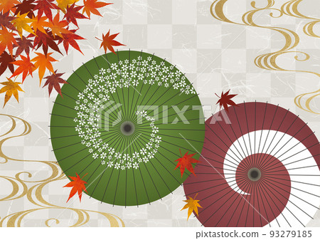日本傘、秋葉、日本紙和金波背景 93279185
