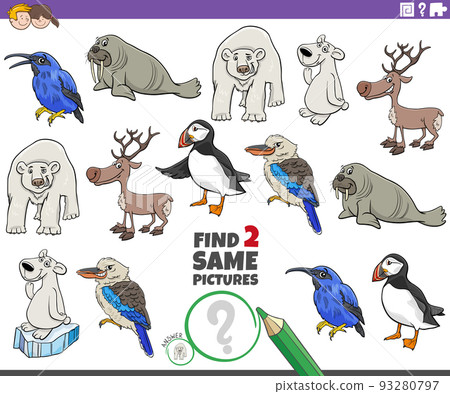 find two same cartoon animal characters educational task 93280797
