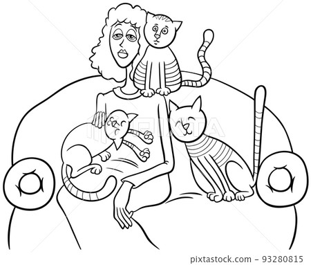 woman with her cats on the sofa cartoon coloring page 93280815