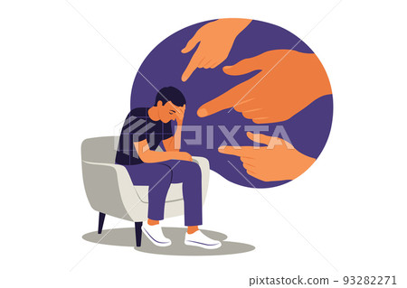 Cyber bullying concept. Opinion and the pressure of society. Shame. Hands of people point to the man. Non-confident woman. Vector. Flat Cyber bullying concept. Opinion and the pressure of society. Shame. Hands of people point to the man. Non-confident woman. Vector. Flat 93282271