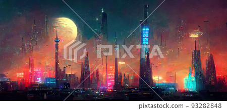 Futuristic city with flying vehicles and skyscraper. Digital art 3D illustration Futuristic city with flying vehicles and skyscraper. Digital art 3D illustration 93282848