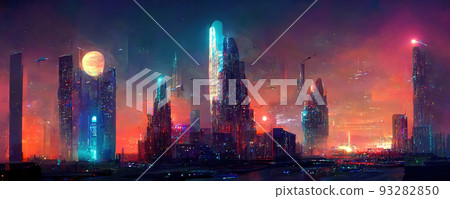 Futuristic city with flying vehicles and skyscraper. Digital art 3D illustration 93282850