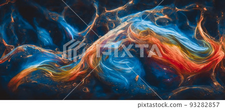 Spectacular scene of blue, orange ink move around. Digital art 3D illustration. 93282857