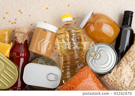 Emergency groceries food background with copyspace 93282870