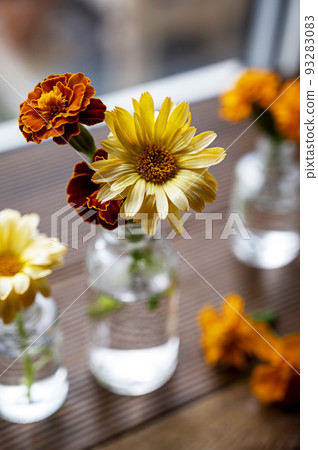 Autumn flowers and orange leaves. Orange flwoers in glass vases. Abstract Autumn scene concept. Autumn flowers and orange leaves. Orange flwoers in glass vases. Abstract Autumn scene concept. 93283083