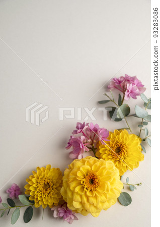Floral composition greeting card mockup. Pink and yellow flowers with copy space. Hydrangea, dahlias and eucalyptus. Floral composition greeting card mockup. Pink and yellow flowers with copy space. Hydrangea, dahlias and eucalyptus. 93283086