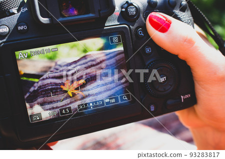 Autumn leaf in camera display. Girl hand taking camera and making photo of autumn colored leaf. Photography hobby. Autumn nature. Autumn leaf in camera display. Girl hand taking camera and making photo of autumn colored leaf. Photography hobby. Autumn nature. 93283817