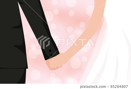 Closeup of a bride and groom holding hands isolated over a pink bokeh background. Loving couple on wedding day theme. Vector Illustration 93284807