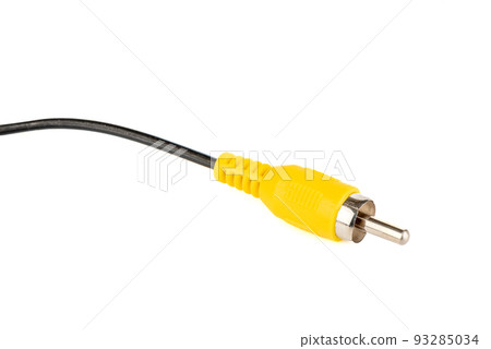 Close-up of a yellow RCA connector for transmitting an analog signal on a white background. 93285034
