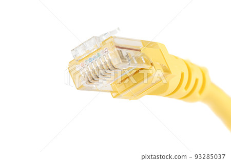 Macro shot of a yellow Ethernet cable for a LAN network connection with an RJ-45 network connection plug. Macro shot of a yellow Ethernet cable for a LAN network connection with an RJ-45 network connection plug. 93285037