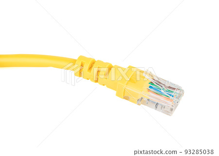 Close-up of the RJ-45 network connection plug of the yellow Ethernet cable of the LAN network connection. Close-up of the RJ-45 network connection plug of the yellow Ethernet cable of the LAN network connection. 93285038