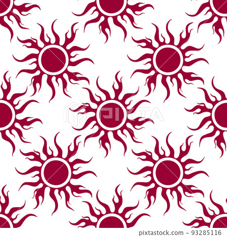 seamless symmetrical graphic pattern of purple suns on white background, texture, design 93285116
