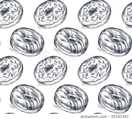 Vector seamless pattern with hand drawn donuts... - Stock Illustration ...