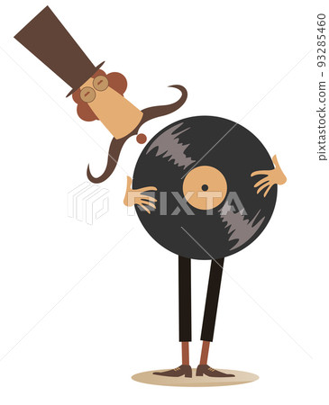Funny man with vinyl record original icon. Cartoon long mustache man in the top hat holds holding a record isolated on white 93285460
