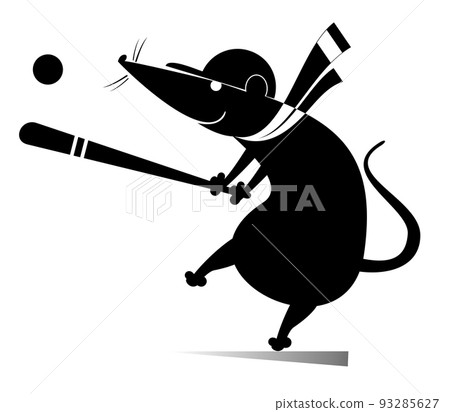 Baseball batter rat or mouse hitting pitch illustration. Cartoon baseball hitter rat or mouse swinging at a fast pitch black on white 93285627