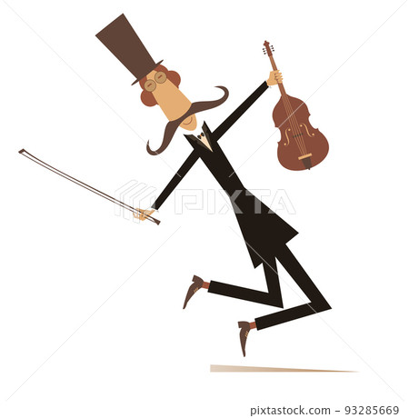 Cartoon long mustache violinist illustration. Smiling mustache man in the top hat with violin and fiddlestick isolated on white illustration 93285669
