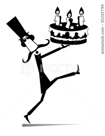 Cartoon man holds a cake with candles. Funny long mustache man in the top hat holding a cake with candles black on white illustration Cartoon man holds a cake with candles. Funny long mustache man in the top hat holding a cake with candles black on white illustration 93285799