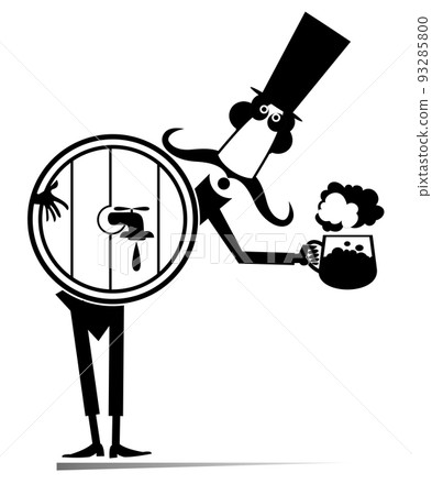 Cartoon man, beer mug and big tun of beer illustration. Funny long mustache man in the top hat pouring beer from the tun into the beer mug black on white Cartoon man, beer mug and big tun of beer illustration. Funny long mustache man in the top hat pouring beer from the tun into the beer mug black on white 93285800