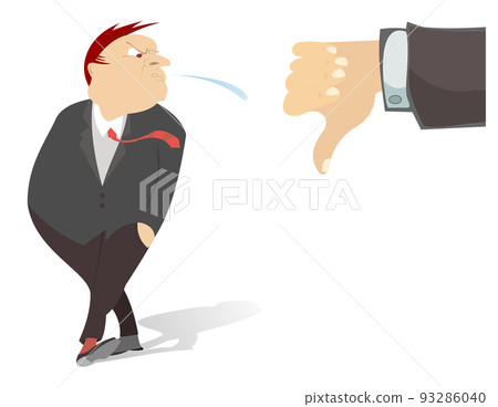 Indignant man spitting to dislikes and negative feedback concept illustration. Angry man shows indignation spitting to hand with thumb down isolated on white 93286040