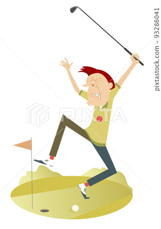 Upset golfer on the golf course illustration. Cartoon angry golfer man with hands up trying to do a good kick 93286041