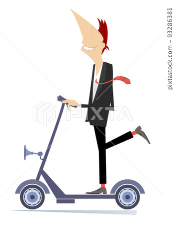 Cheerful man rides on scooter illustration. Smiling young man rides on an ecologically clean urban vehicle isolated on white background 93286381