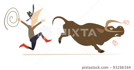 Bull runs away from the rider illustration. Funny famer or cowboy tries to lasso the bull isolated on white background 93286384