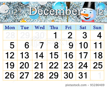 calendar for December 2022 with fairy snowman. Christmas holidays 93286489