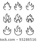 Fire flames. Set of flame icons in different shapes. Line fire icons 93286516