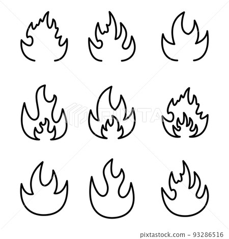 Fire flames. Set of flame icons in different shapes. Line fire icons 93286516