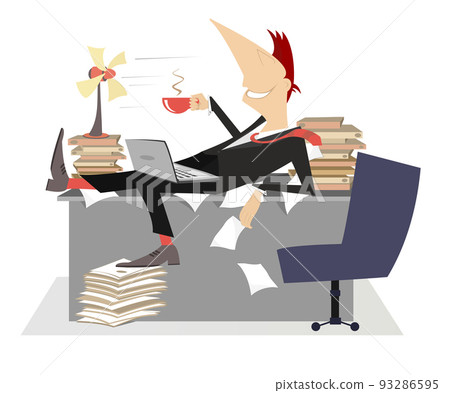 Businessman in the office lies on the table on the piles of documents in front of the tabletop fan and takes a delight from the fresh air, coffee or tea isolated on white Businessman in the office lies on the table on the piles of documents in front of the tabletop fan and takes a delight from the fresh air, coffee or tea isolated on white 93286595