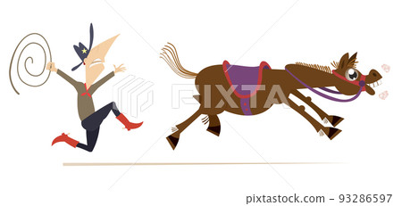 Bull runs away from the rider illustration. Funny famer or cowboy tries to stop a bull with lasso isolated on white background 93286597