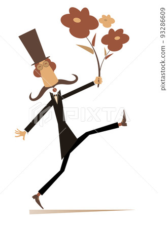 Cartoon walking man with a bunch of flowers illustration. Long mustache man in the top hat holding a bunch of flowers isolated on white 93286609