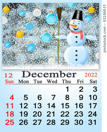 calendar for December 2022 with picture of fabulous snowman. Home planner calendar for December 2022 with picture of fabulous snowman. Home planner 93286635