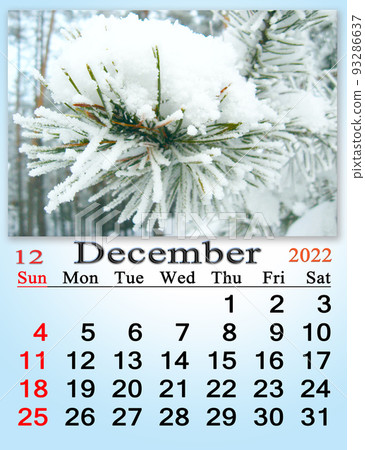 calendar for December 2022 with picture of with pine branch covered with snow calendar for December 2022 with picture of with pine branch covered with snow 93286637