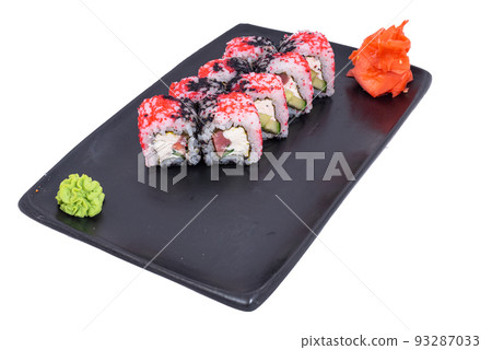 Japanese seafood Sushi roll isolated on white close up. Japanese food restaurant, sushi maki gunkan roll plate or platter set. Maki Sushi rolls with salmon and avocado. Sushi isolated at white 93287033