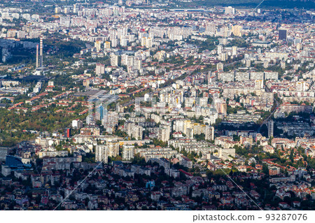 Aerial view of the city of Sofia, Bulgaria. The capital of Bulgaria is located in the west of the country at the foot of the Vitosha mountain range. History of city has more than two thousand years. Aerial view of the city of Sofia, Bulgaria. The capital of Bulgaria is located in the west of the country at the foot of the Vitosha mountain range. History of city has more than two thousand years. 93287076