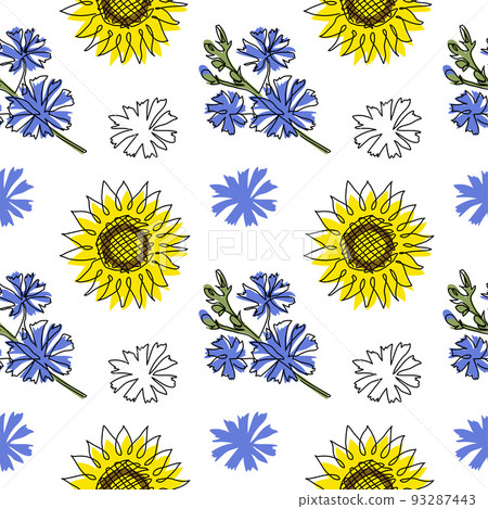 Blue and yellow ua vector pattern with flowers. One continuous line art drawing pattern with sunflower and chicory 93287443